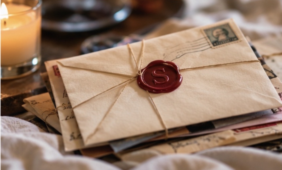 A wax-sealed SENTiment envelope resting on a stack of old letters beside a candle