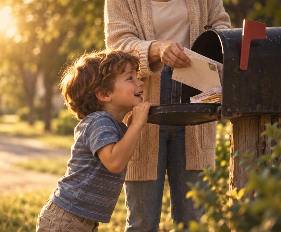 A young boy excitedly looking into a mailbox while his mother retrieves the mail